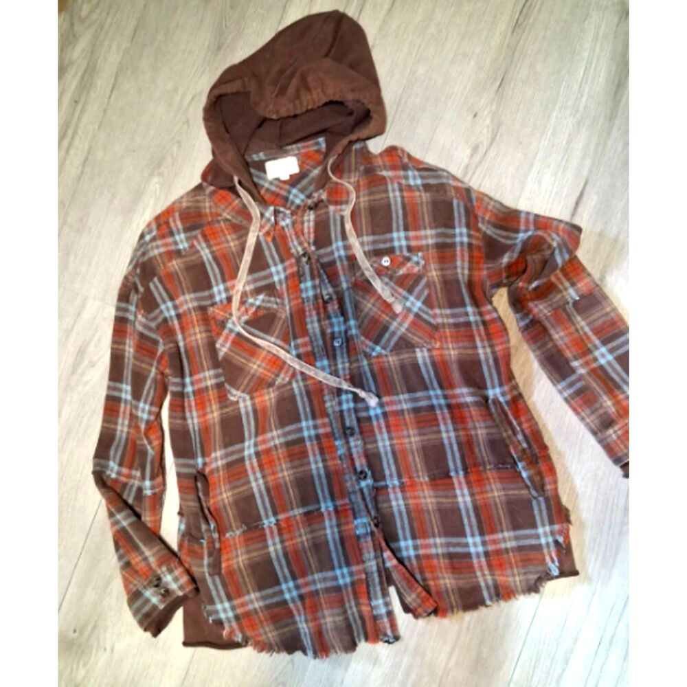 Oli & Hali Oversized Plaid Flannel Patchwork Shacket Sz M Brown Orange Blue